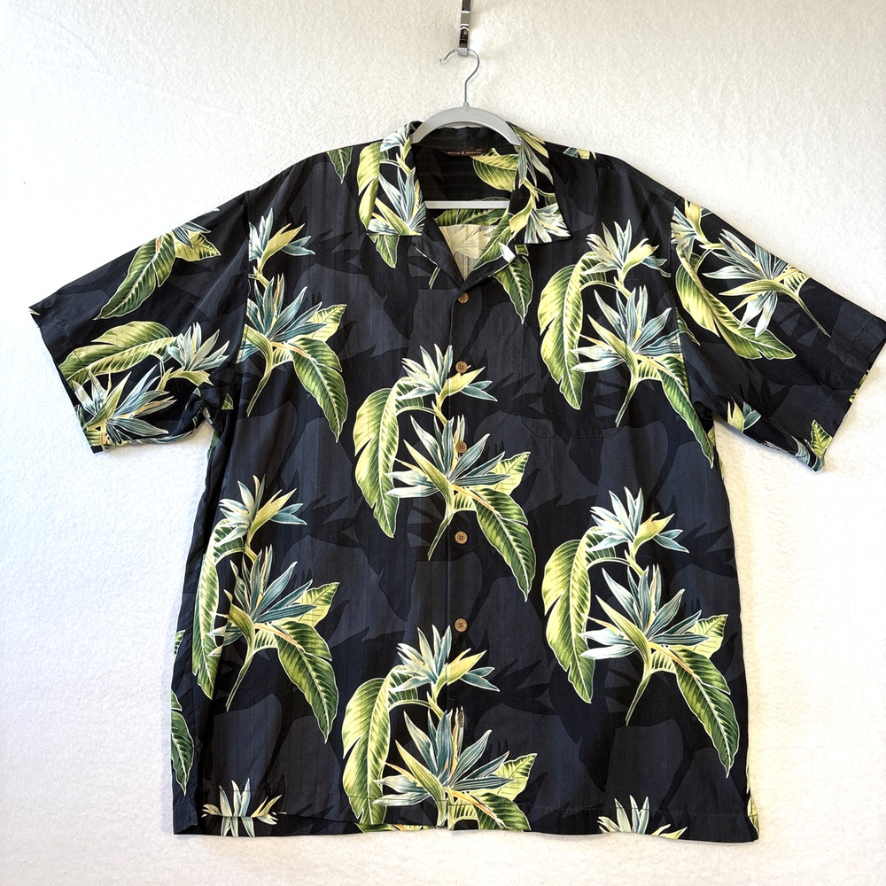 Tommy Bahama Hawaiian Shirt Mens XL Black Gray Bird of Paradise Camp Shirt Silk